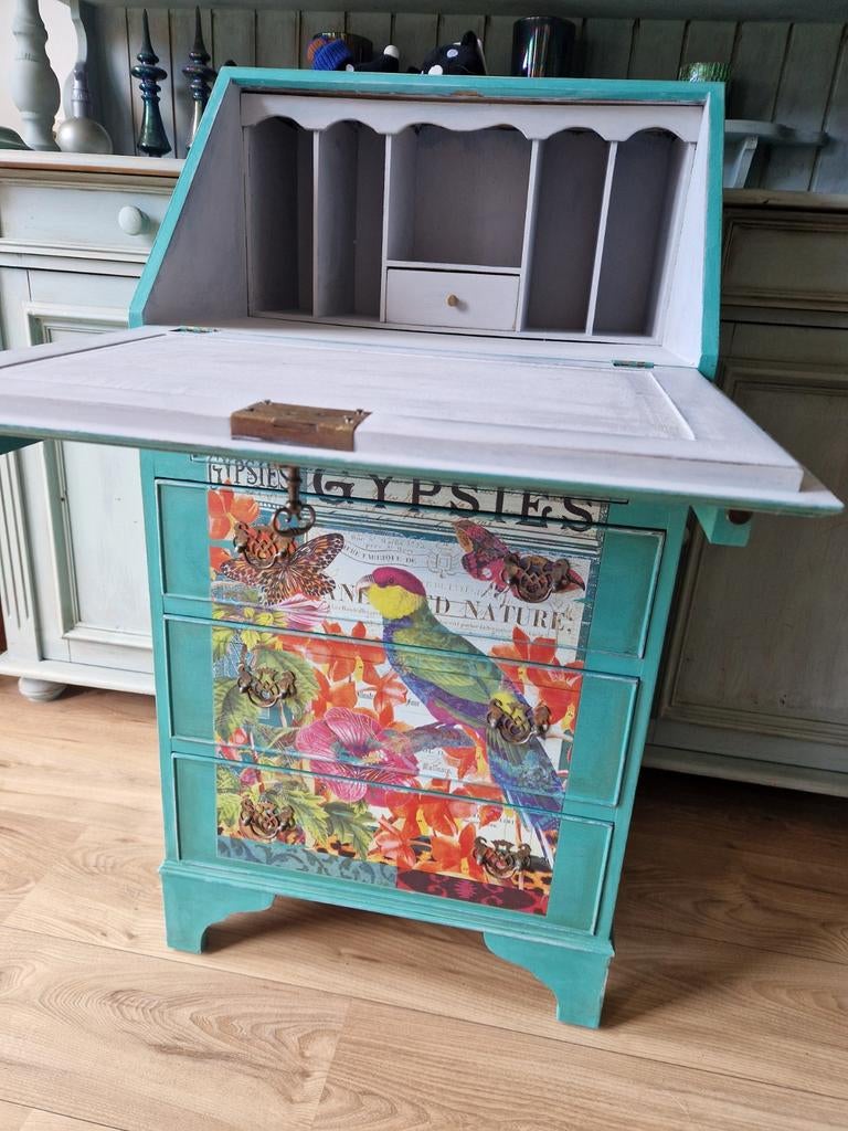 Unieke gerestylde secretaire - blauwgroen, Huis en Inrichting, Kasten | Secretaires, Ophalen, Gebruikt, Vintage