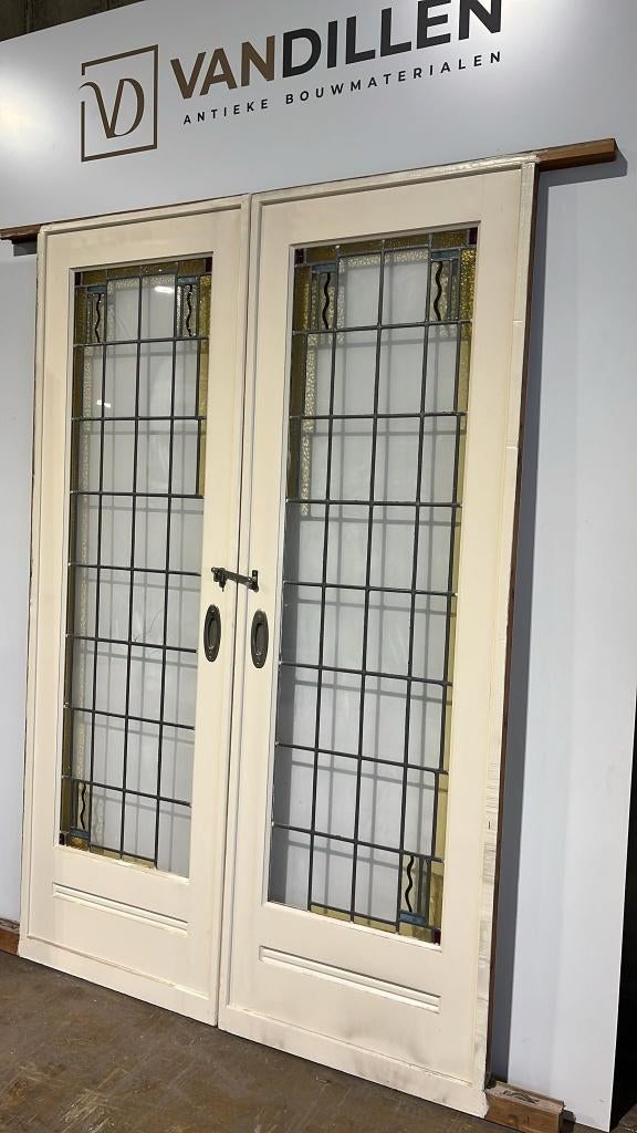 Set ensuite schuifdeuren glas in lood motief, Doe-het-zelf en Verbouw, Deuren en Horren, Gebruikt, 120 cm of meer, Binnendeur