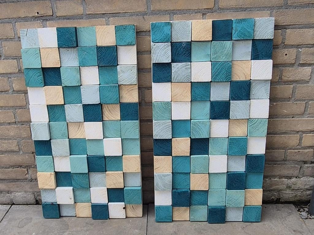 Set van 2 handgemaakte houten wandpanelen, 3D effect, Ophalen, Gebruikt, Handgemaakt, Hout