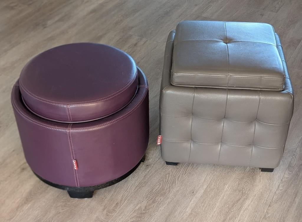 Lederen KUKA poef, 2x, Huis en Inrichting, Banken | Voetenbanken en Poefen, Gebruikt, Minder dan 50 cm, Minder dan 50 cm, Rond