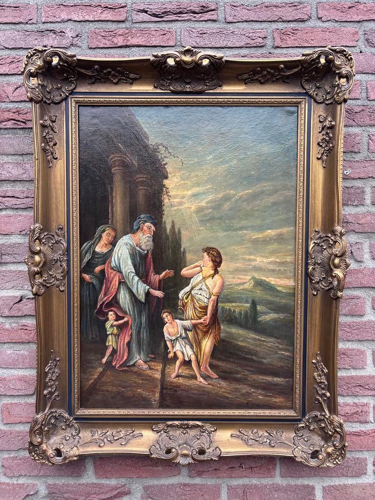 Antiek Schilderij "Vertrek van Hagar" - F. Wagenaar - Lijst, Antiek en Kunst, Ophalen