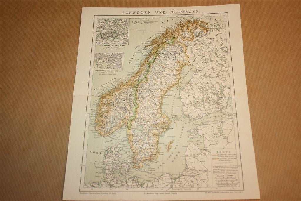 Antieke kaart - Zweden en Noorwegen - Circa 1885 !!, Gelezen, Landkaart, 1800 tot 2000, Europa Overig