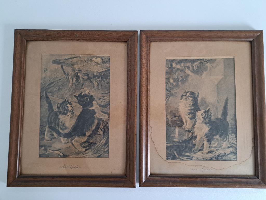 2 Pentekeningen katten: ‘Het Gehoor‘ 'Het Gezicht’. J. Adam, Antiek en Kunst, Kunst | Litho's en Zeefdrukken, Ophalen of Verzenden