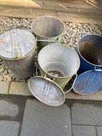 Set van 4 vintage afvalemmers met deksel en handgreep, Huis en Inrichting, Emmers, Ophalen, Gebruikt, Zink, Met deksel