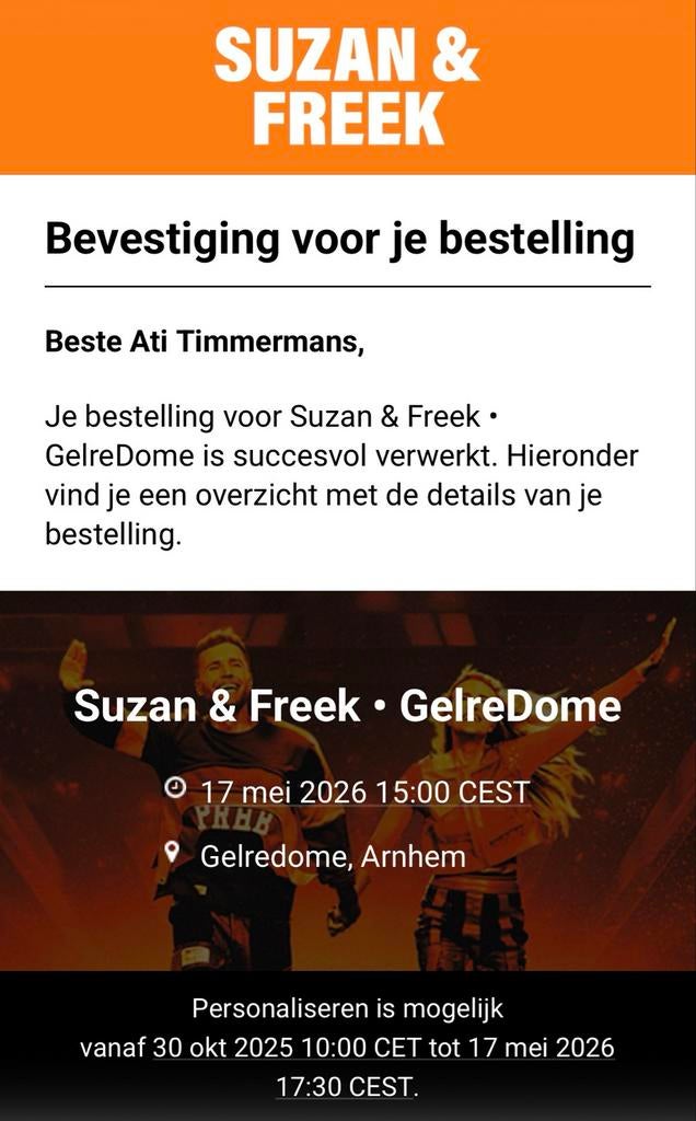 Ticket Suzan & Freek Gelredome 17 mei veldplaats, Eén persoon, Mei