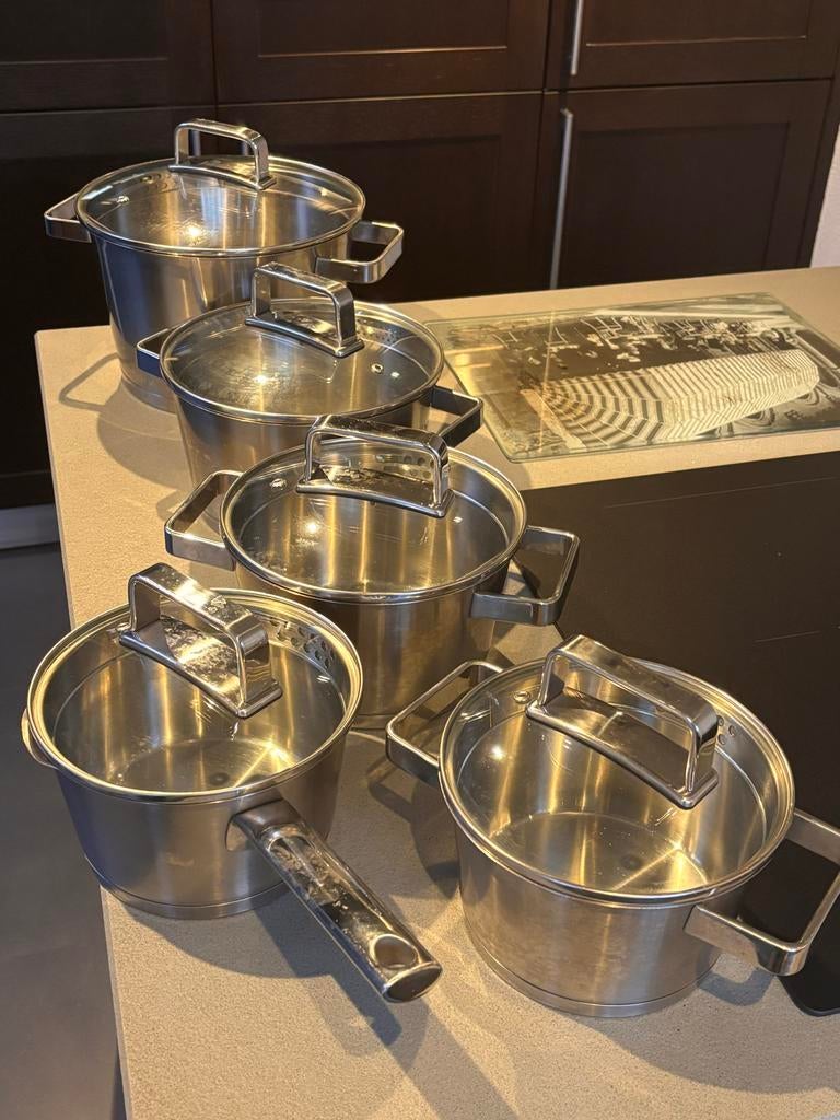 Complete Sola pannenset RVS met glazen deksels, Ophalen, Zo goed als nieuw, Rvs, Pannenset