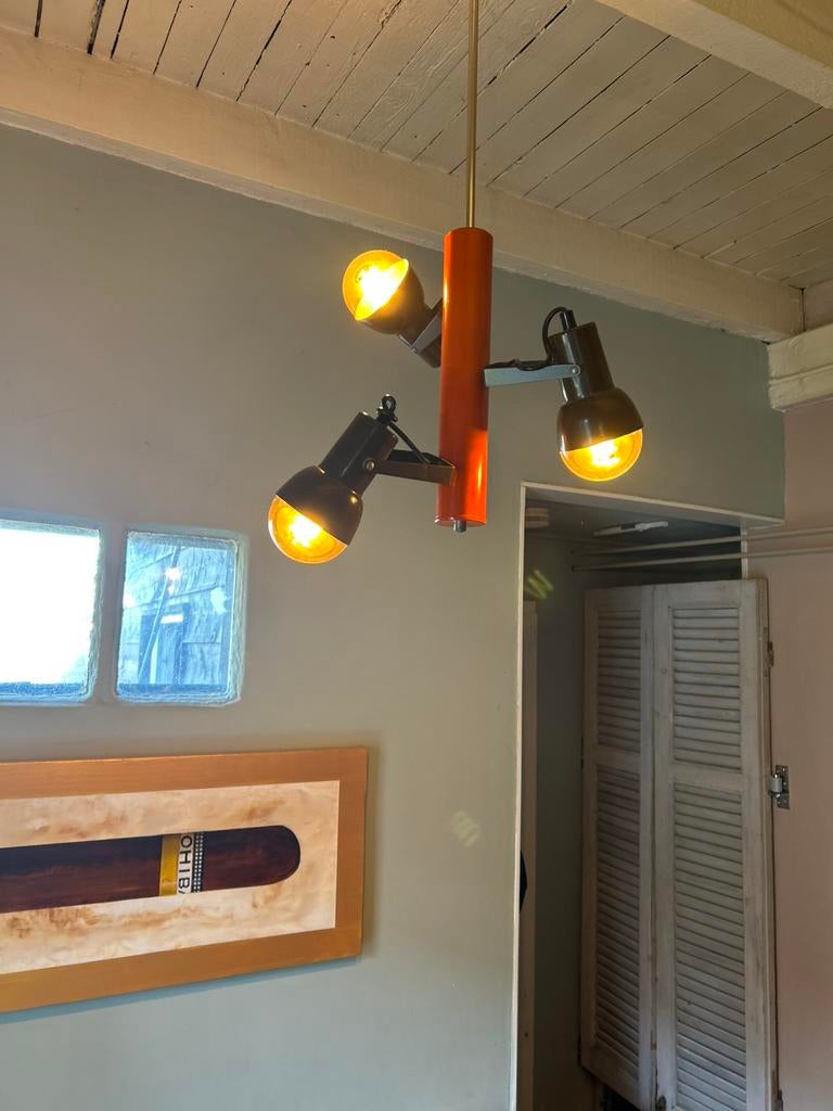 Vintage oranje hanglamp, Huis en Inrichting, Lampen | Hanglampen, Gebruikt, 50 tot 75 cm, Metaal, Ophalen of Verzenden