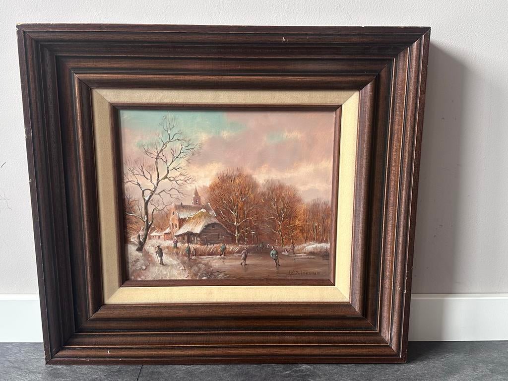 Schilderij: Winterlandschap met schaatsers en dorp, Antiek en Kunst, Kunst | Schilderijen | Klassiek, Ophalen of Verzenden