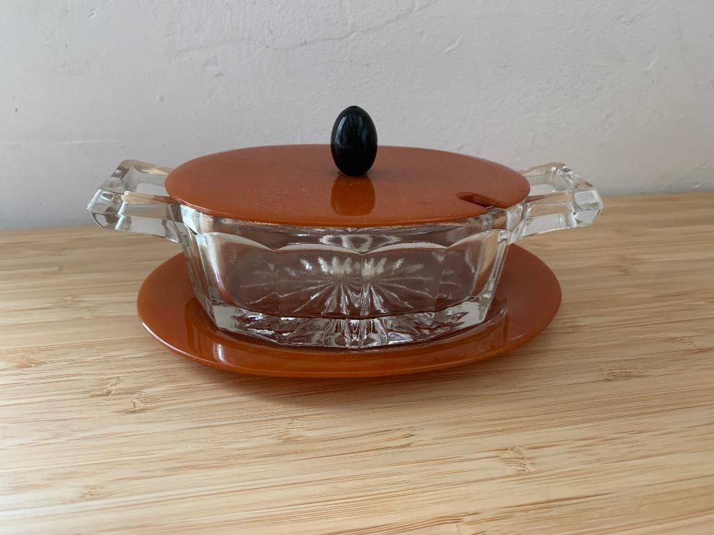 Art deco bauhaus bakelieten & glazen jampot, Antiek en Kunst, Ophalen of Verzenden