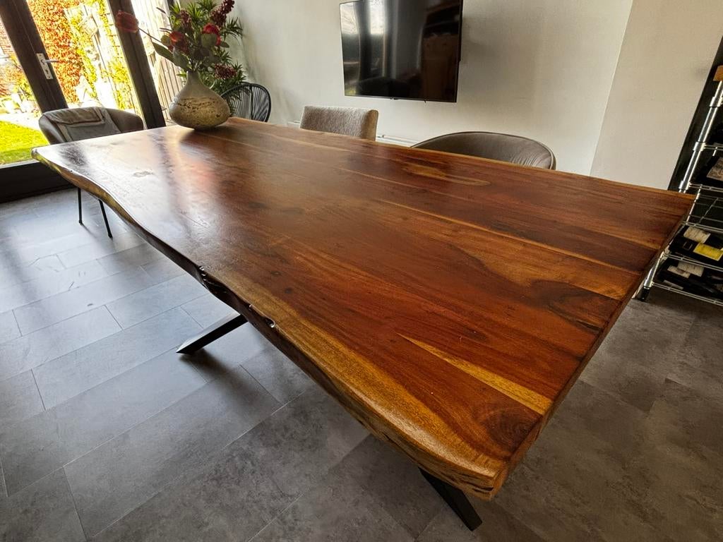Eettafel met acacia blad en zwart stalen onderstel., Ophalen, Gebruikt, 200 cm of meer, 50 tot 100 cm