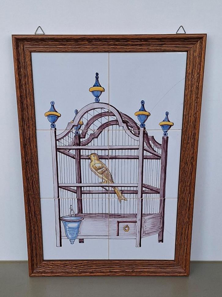 vintage antiek tableau kanarie vogeltje in vogelkooi 32x45cm, Antiek en Kunst, Antiek | Wandborden en Tegels, Ophalen of Verzenden