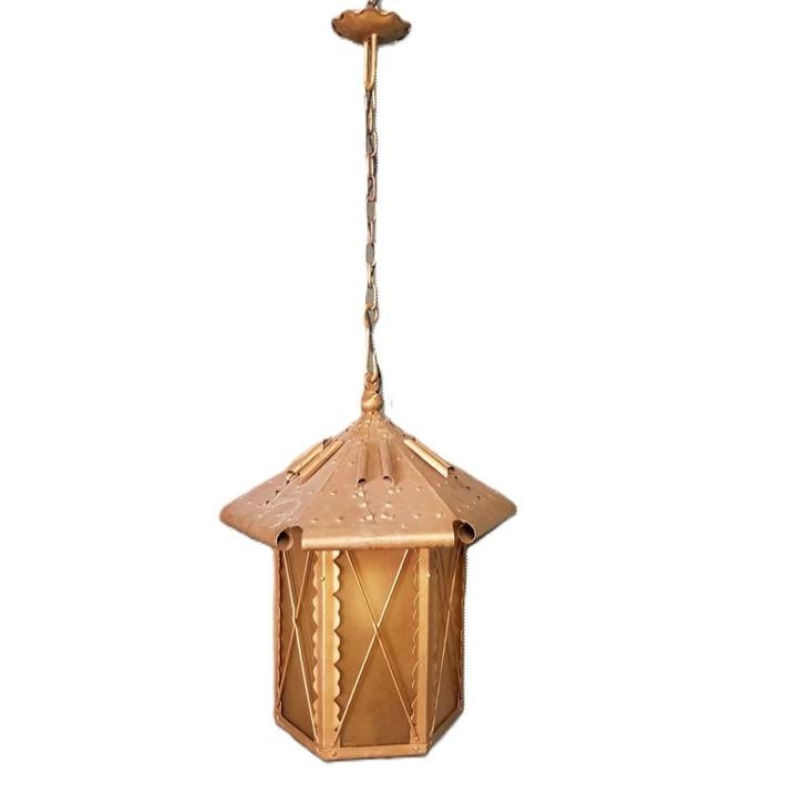 Grote en zware metalen lantaarn, begin 20e eeuw, Huis en Inrichting, Lampen | Hanglampen, Gebruikt, Minder dan 50 cm, Glas, Ophalen