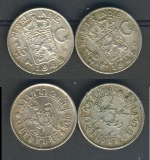 2x 1/10 Gld 1945 p Nederlands Ned Indië Zilver Munt c-346 jd, Postzegels en Munten, Munten | Nederland, Setje, 10 cent, Koningin Wilhelmina