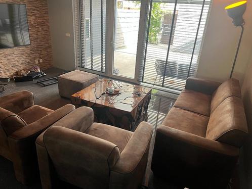 Complete zithoek: 1-zitsbank + 2 fauteuils + grote poef – Co, Huis en Inrichting, Fauteuils, Zo goed als nieuw, Stof, 75 tot 100 cm