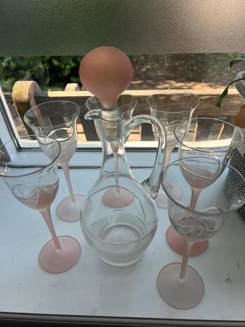 Art Deco 9-delig Melinda roze kristallen wijnset, Antiek en Kunst, Antiek | Glas en Kristal, Ophalen of Verzenden