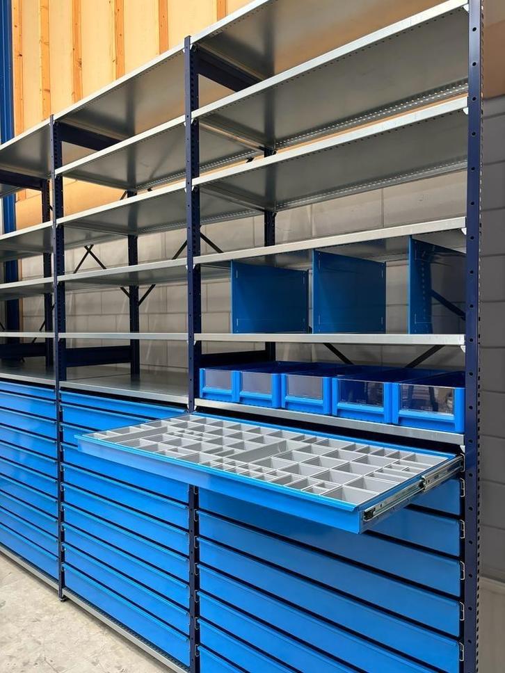 Stellingen met modulaire lades voor opslag spare parts, Zakelijke goederen, Kantoor en Winkelinrichting | Magazijn, Stelling en Opslag