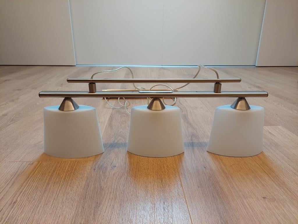 Glazen hanglamp met 3 kelkjes - RVS, Ophalen of Verzenden, Zo goed als nieuw, Glas, Modern