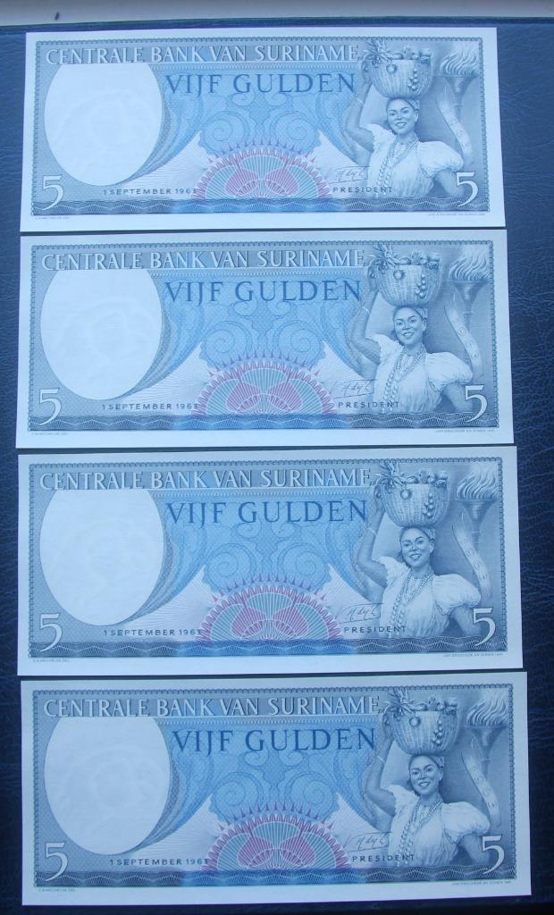 4x 5 gld 1963 suriname prachtige exemplaren opvolgend, Postzegels en Munten, Bankbiljetten | Amerika, Ophalen of Verzenden