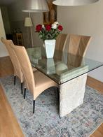 Eettafel glas met stenen onderstel, incl 4 lederen stoelen, Ophalen, Gebruikt, 50 tot 100 cm, Glas