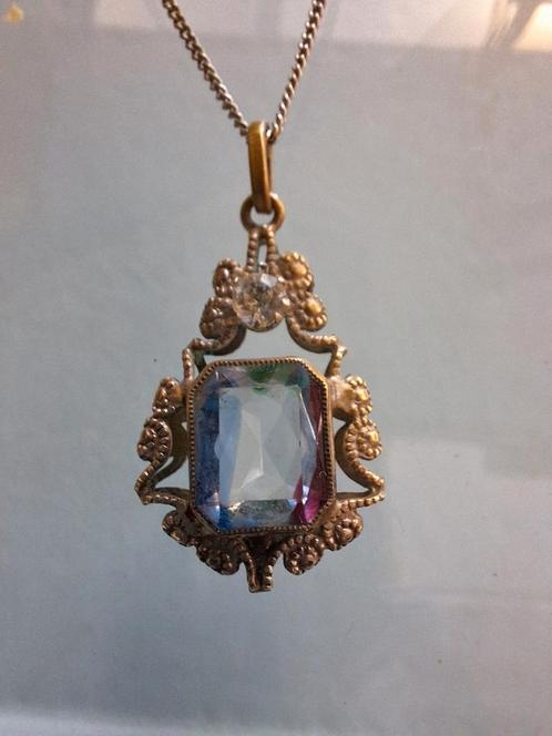Antieke Frans hanger zilver verguld blauwe steen sieraad, Sieraden, Tassen en Uiterlijk, Kettingen, Gebruikt, Goud, Overige kleuren