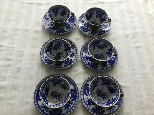6 Antiek chinoiserie Bavaria Brown kop en schotels met vis., Antiek en Kunst, Antiek | Porselein, Ophalen of Verzenden