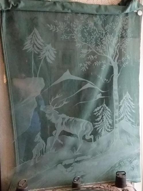 Oude geëtste ruit raam met herten bergen 118,5 x 90 x 0,3, Doe-het-zelf en Verbouw, Glas en Ramen, Gebruikt, Ophalen