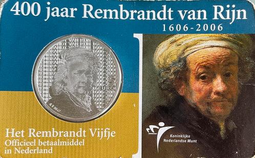 Rembrandt Vijfje; herdenkingsmunt van 5 euro uit 2006, Postzegels en Munten, Munten | Nederland, Euro's, Koningin Beatrix, Ophalen of Verzenden