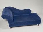 Chaise longue in blauw velours stof - Gebruikt, Ophalen, Hout, Gebruikt, 150 tot 200 cm