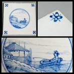 Tegel in blauw-wit,  visser in boot, spinnekop hoekmotieven, Ophalen of Verzenden