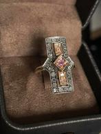 Prachtige antieke 12 krt gouden ring met diamanten en robijn, Ophalen of Verzenden, Goud, Ring