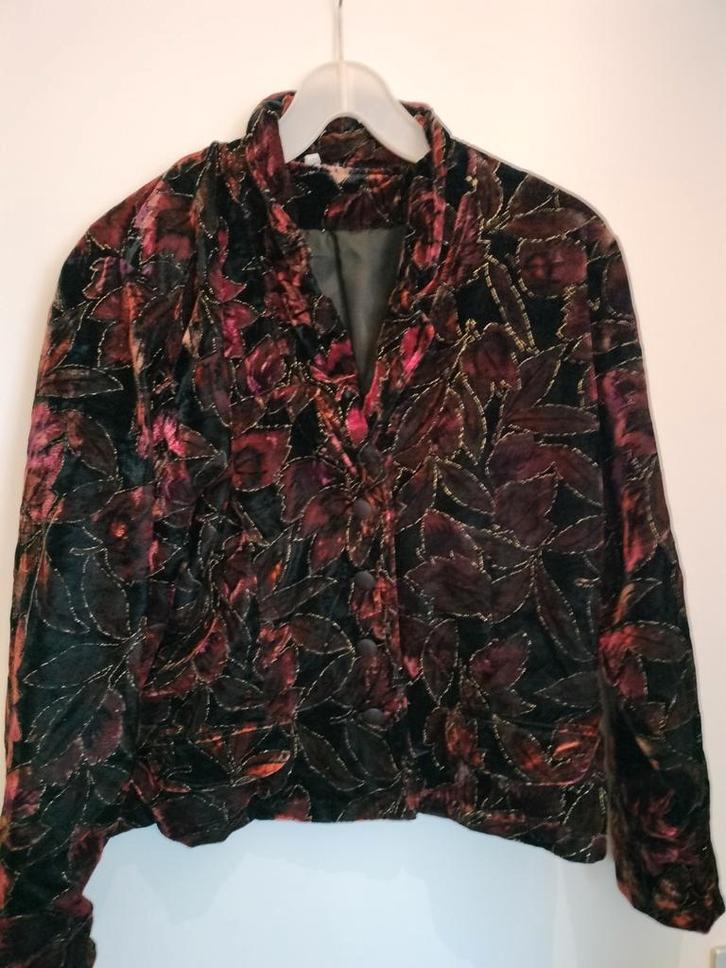 Vintage fluwelen jasje met bloemenprint - Maat M, Kleding | Dames, Jasjes, Kostuums en Pakken, Gedragen, Jasje, Maat 38/40 (M)