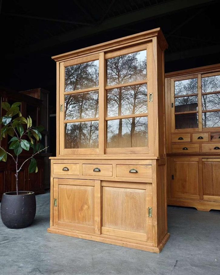 Teakhouten buffetkast | Teak vitrinekast met laden #2456, Huis en Inrichting, Kasten | Buffetkasten, Gebruikt, 200 cm of meer