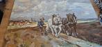 Olieverfschilderij van ploegende boer met paarden, Antiek en Kunst, Ophalen of Verzenden