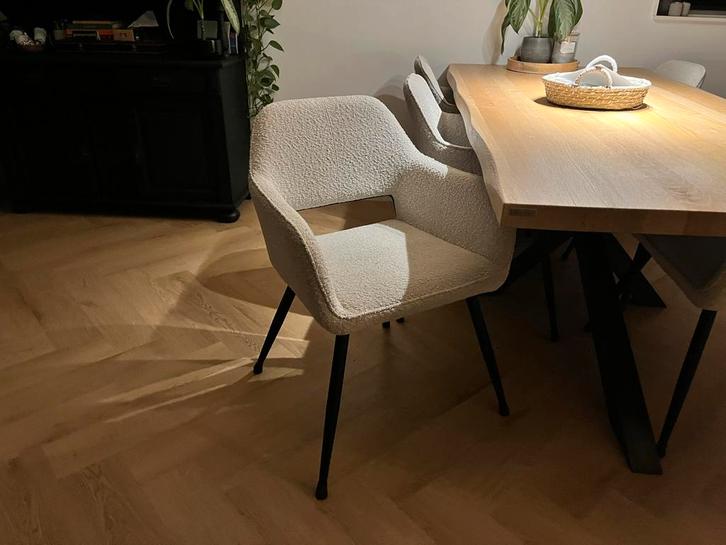 6 eetkamerstoelen zand kleur teddy stof armleuning, Huis en Inrichting, Stoelen, Zo goed als nieuw, Vijf, Zes of meer stoelen