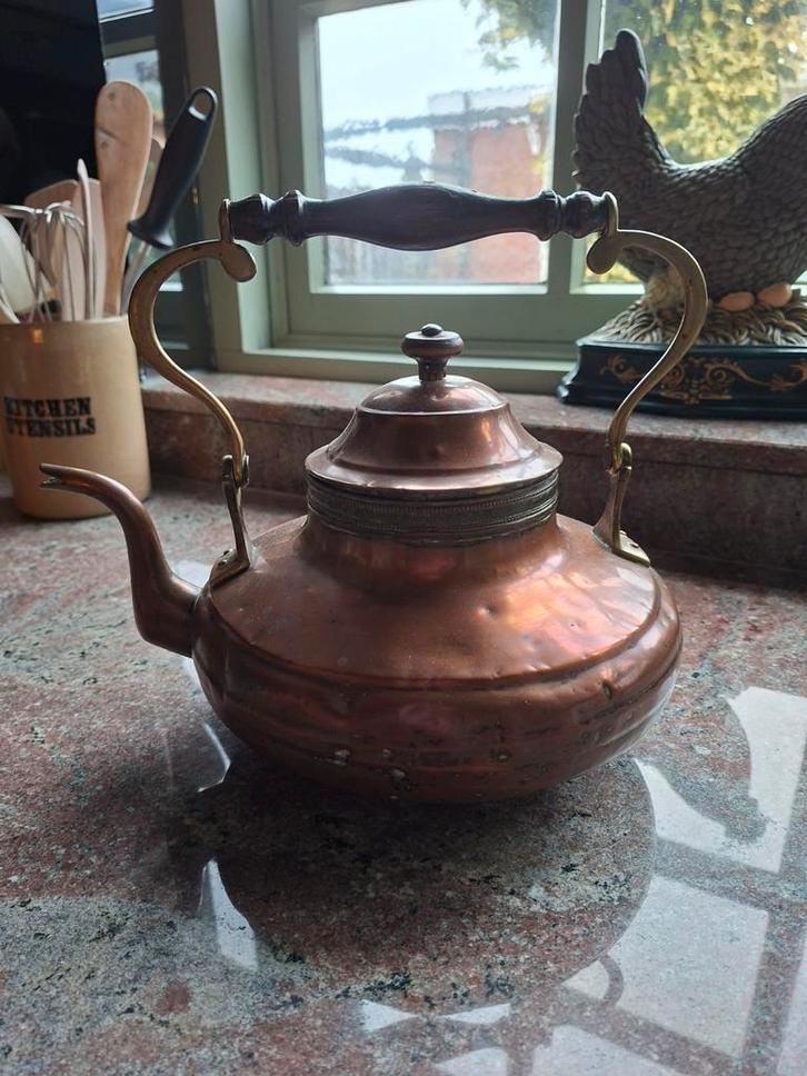 Antieke koperen ketel met houten handvat, Antiek en Kunst, Antiek | Keukenbenodigdheden, Ophalen of Verzenden