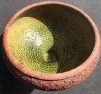 Vintage pot bruintinten oranje groen glazuur uniek berkenbas, Binnen, Terracotta, Rond, Gebruikt