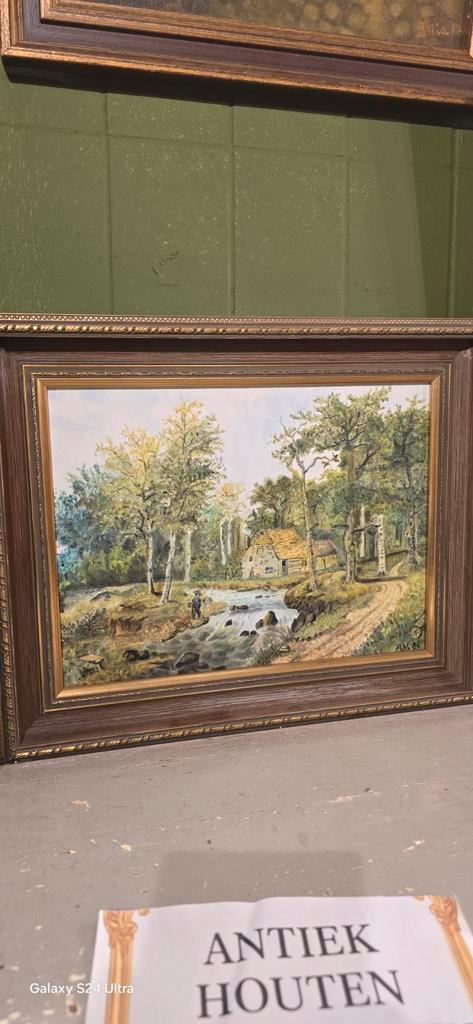 Schilderij: Boerderijtje aan rivier, gesigneerd A.V. '86, Antiek en Kunst, Kunst | Schilderijen | Klassiek, Ophalen