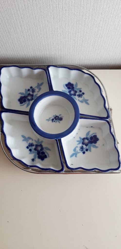 5 delig Delftsblauwe hapjesschaal met handvatten, Antiek en Kunst, Ophalen of Verzenden