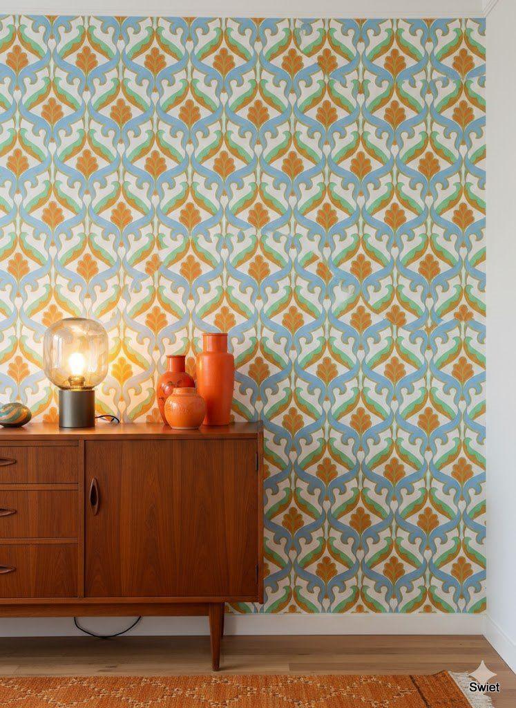 12486 Origineel vintage 70s barok behang swiet, Ophalen of Verzenden, 75 m² of meer, Oranje