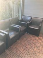 Gratis af te halen donkerbruine leren eetkamer fauteuils, Huis en Inrichting, Stoelen, Ophalen, Gebruikt, Bruin, Leer