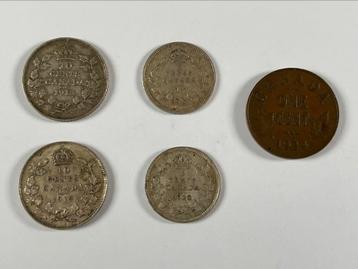 5 Antieke Canadese Canada munten (1, 5 en 10 cent) beschikbaar voor biedingen