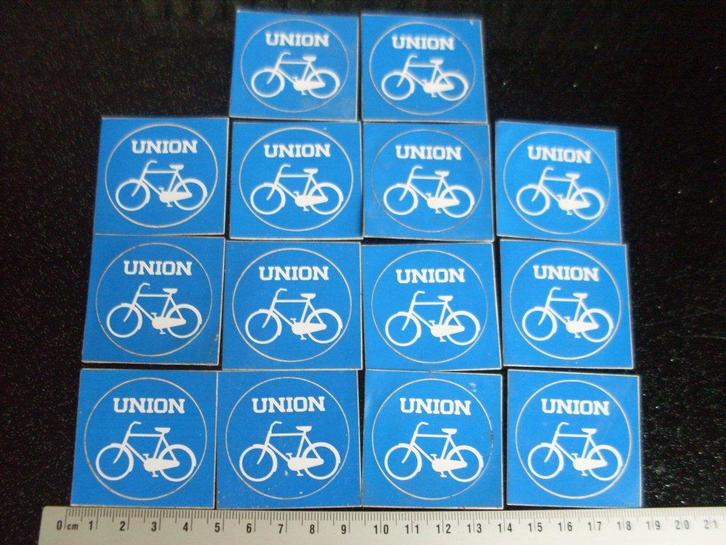 14x sticker union logo fietsen blauw wit rond, Verzamelen, Stickers, Zo goed als nieuw, Merk, Verzenden