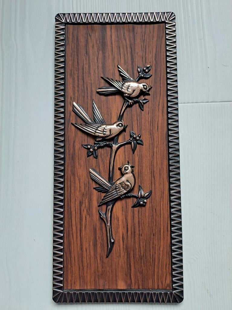 Retro wanddecoratie | kunstwerk | vogels metaal op fineer, Ophalen of Verzenden, Huis en Inrichting