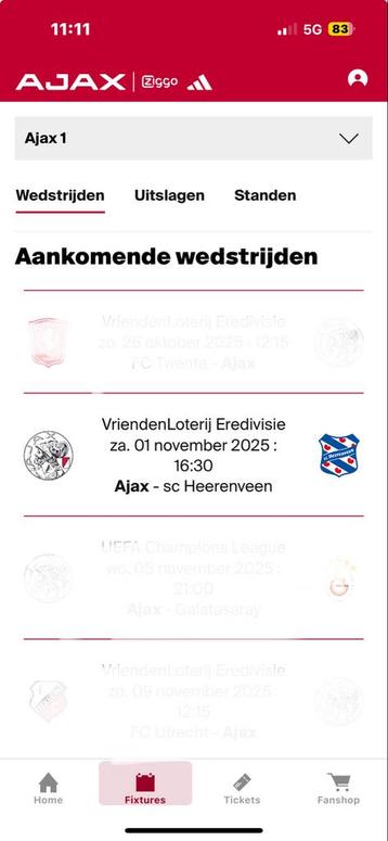 Ajax - Heerenveen / vak 120 / rij 6 beschikbaar voor biedingen