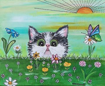 Schilderij Poesje in de Bloemenweide vrolijk acryl op canvas beschikbaar voor biedingen