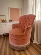 Vintage roze eenzit / fauteuil /crapaud zeteltje met franjes, Huis en Inrichting, Ophalen, Overige kleuren, Eén