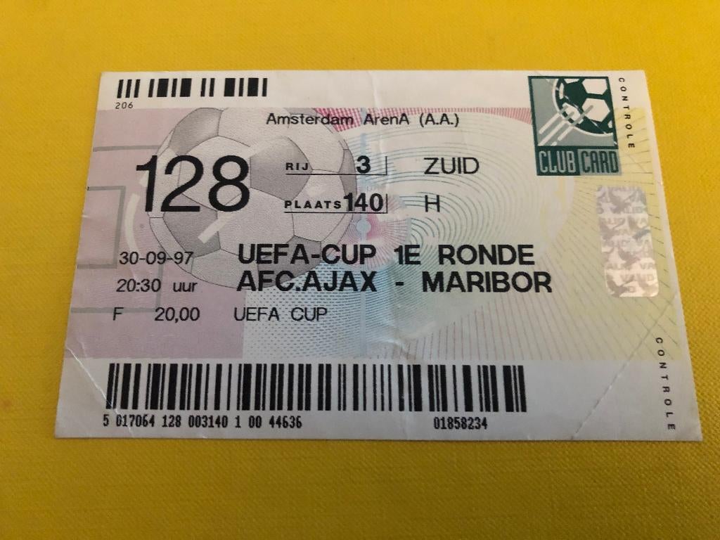 ⚽ Ticket Uefa-Cup Ajax - Maribor 1997/1998 ⚽, Ophalen of Verzenden, Zo goed als nieuw, Ajax, Overige typen