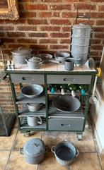 Serveerwagen incl Emaille Wolken Collectie oa: pannen etc…, Antiek en Kunst, Antiek | Emaille, Ophalen
