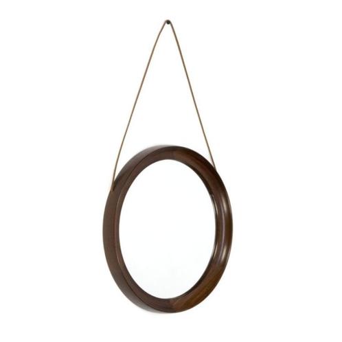 Vintage Wengé spiegel aan leren koord jaren 60 design, Huis en Inrichting, Woonaccessoires | Spiegels, Gebruikt, Minder dan 50 cm