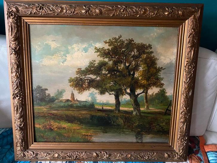 Landschap met kerk, H. Rijkelijkhuizen (1813-1883), Antiek en Kunst, Kunst | Schilderijen | Klassiek, Ophalen of Verzenden